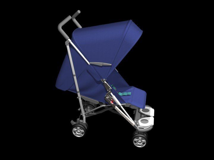 Blue and silver baby stroller with a canopy, shown in side view on a white background