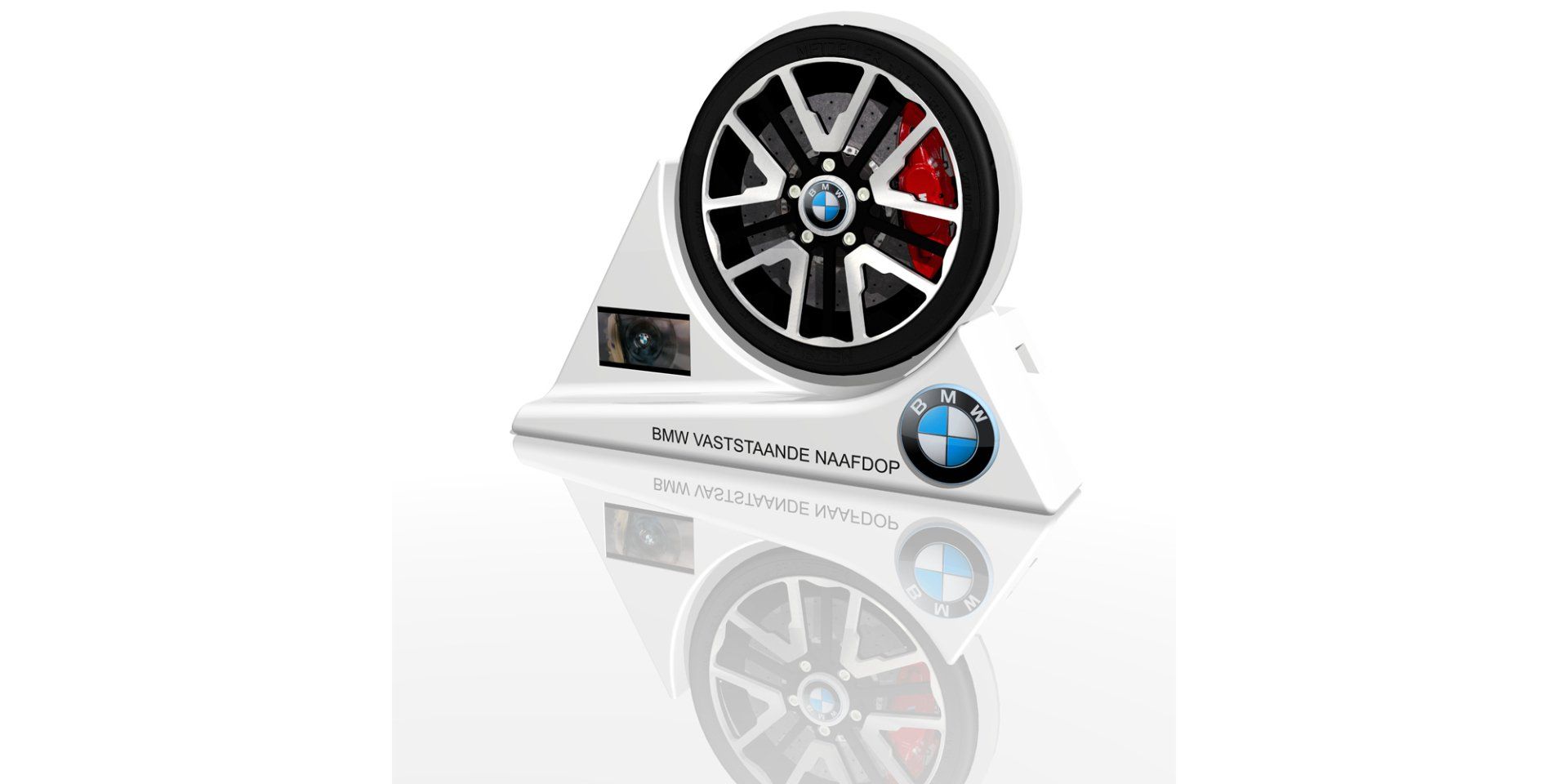 BMW-themed decorative speaker with a wheel design and reflective base