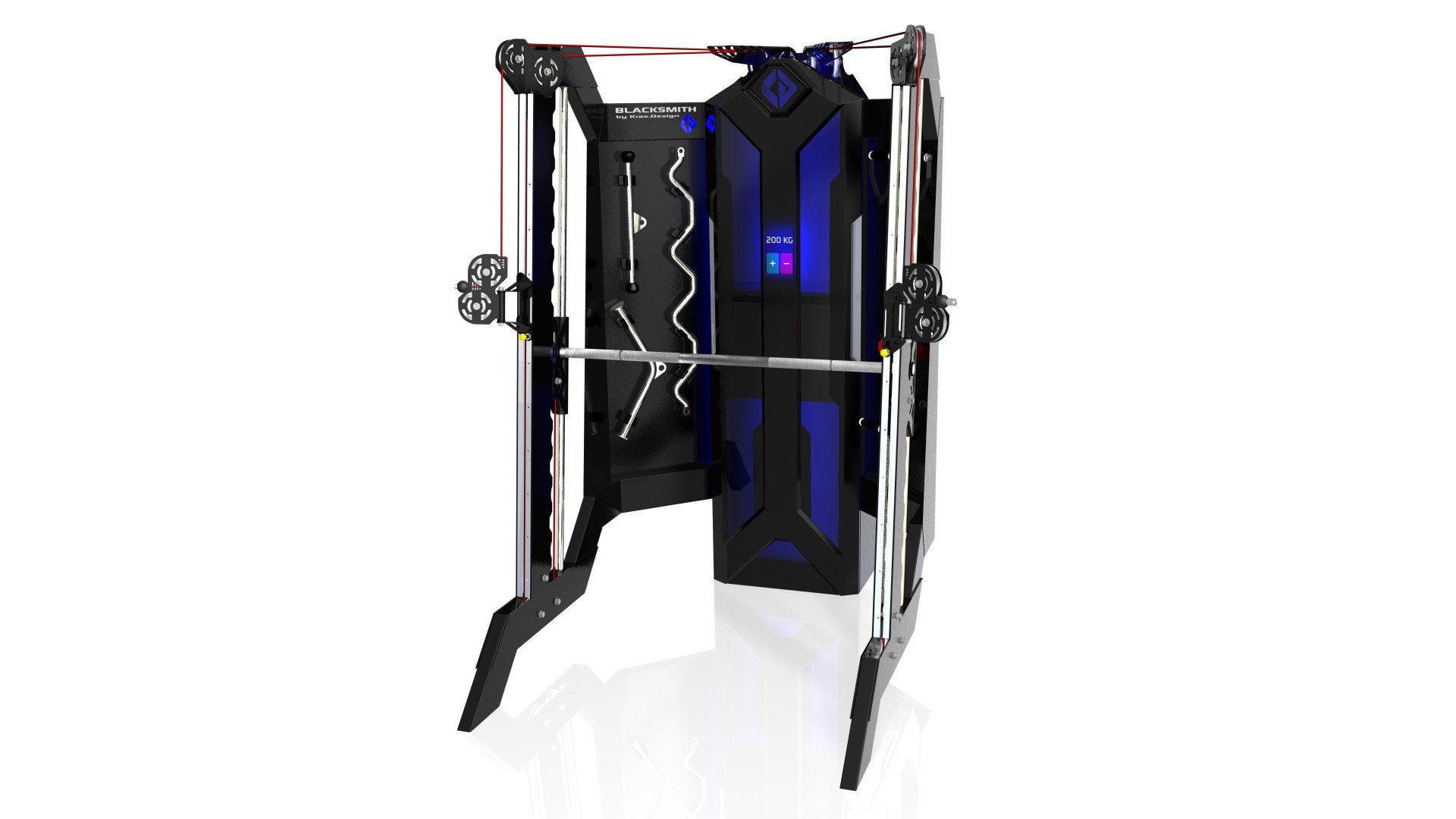 Futuristic black and blue folding machine with metal frame and white background