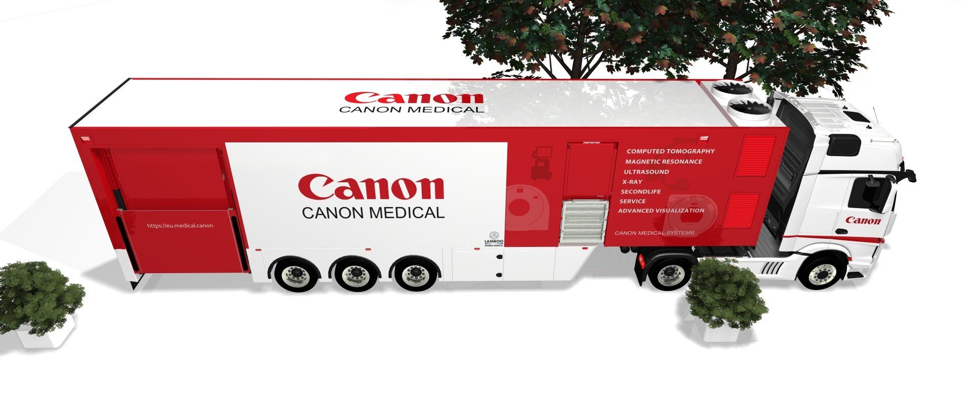 Red and white Canon delivery truck with trailer, shown in side view on a white background.