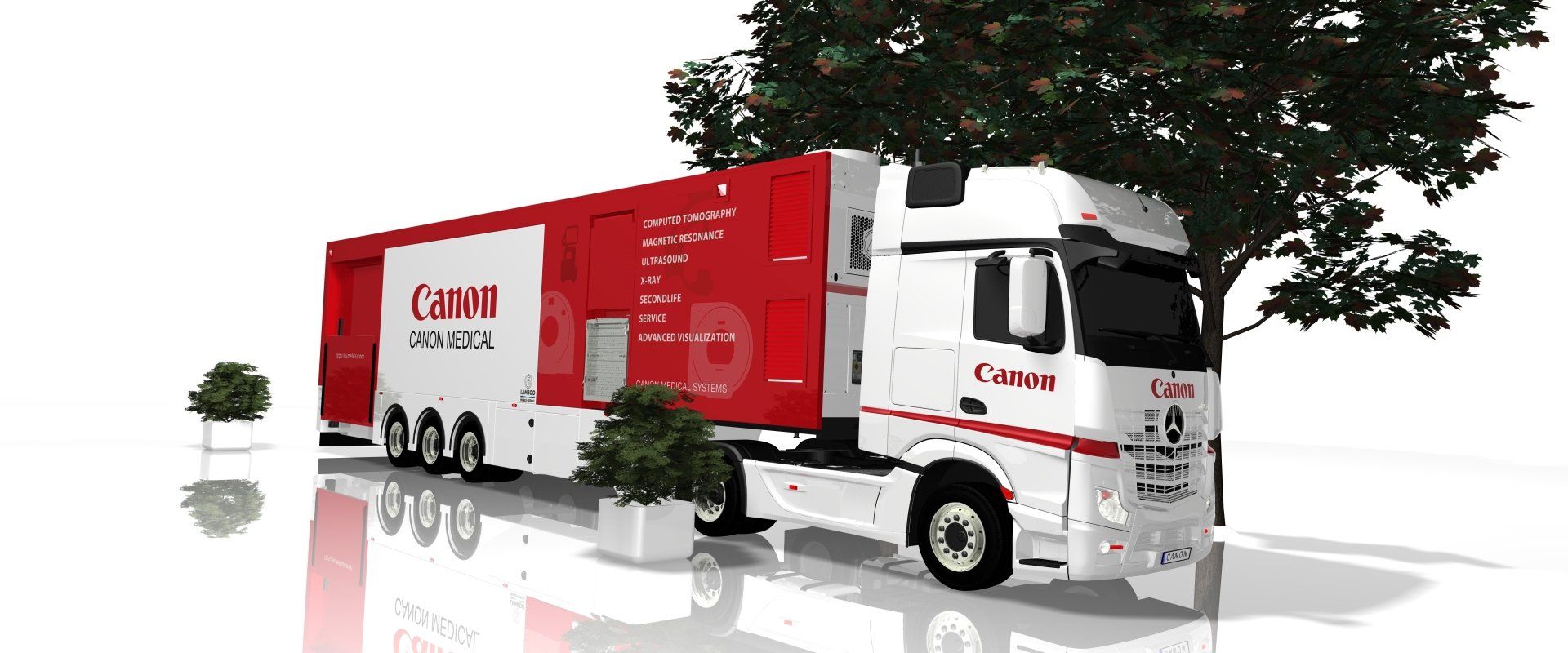 Red Canon delivery truck on a white background with trees and reflective floor