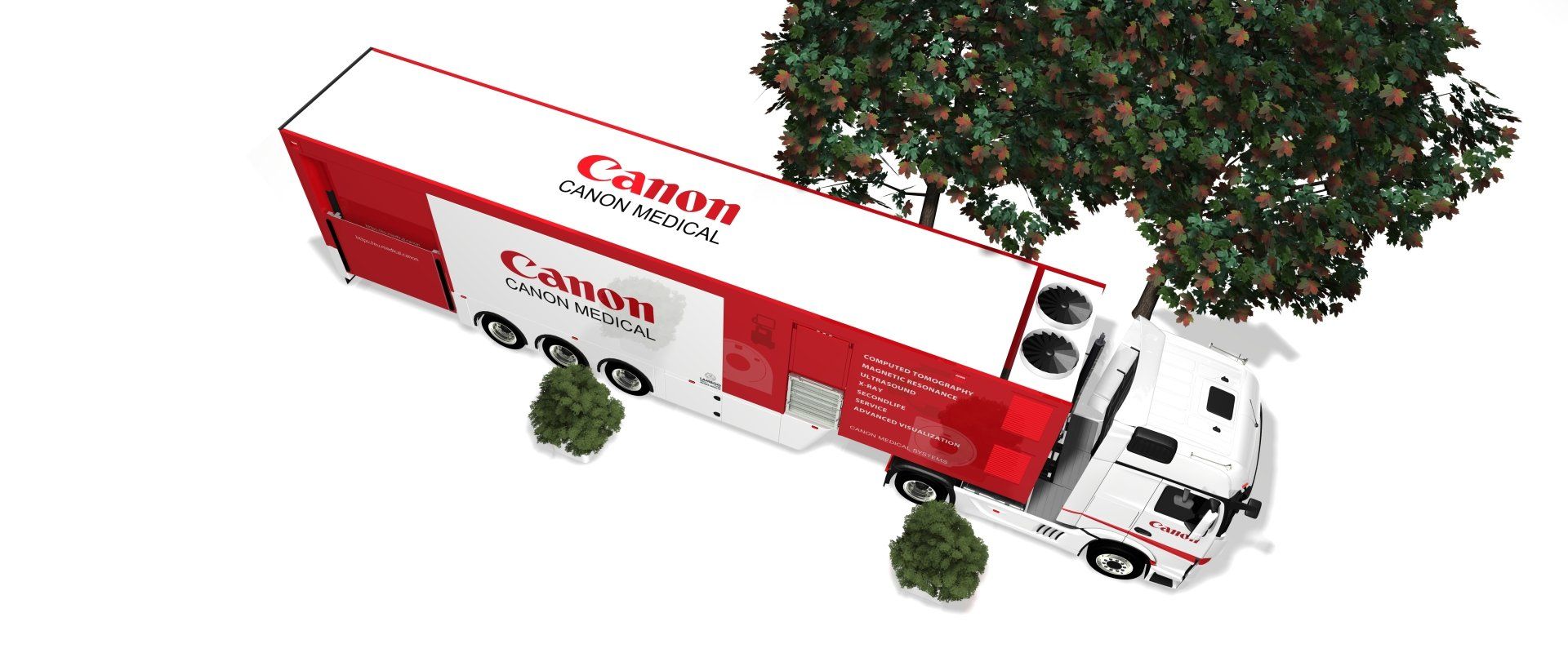 Red and white Canon delivery truck parked beside a large tree, viewed from above.