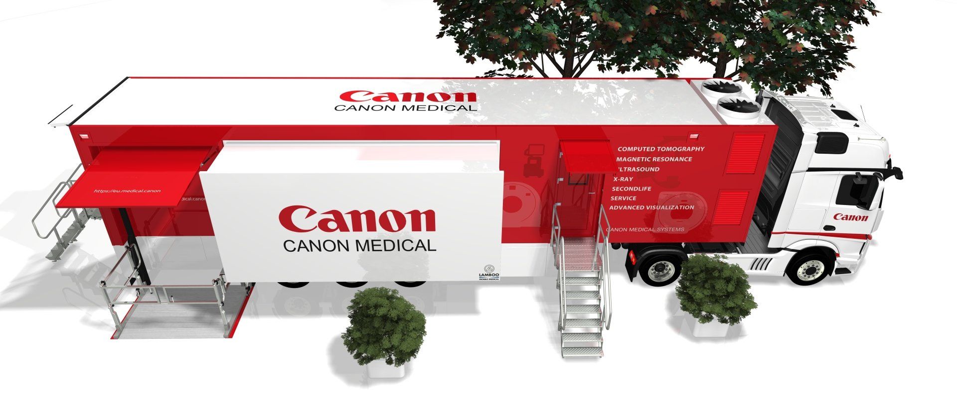 Red and white Canon branded truck trailer with ladder and trees