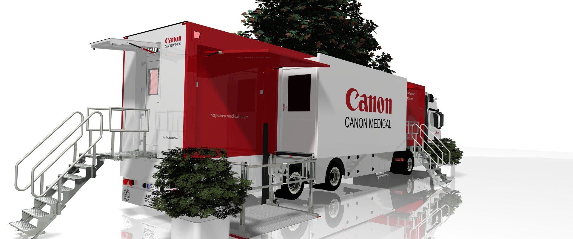 Red Canon mobile office trailer with stairs and awning, parked outdoors