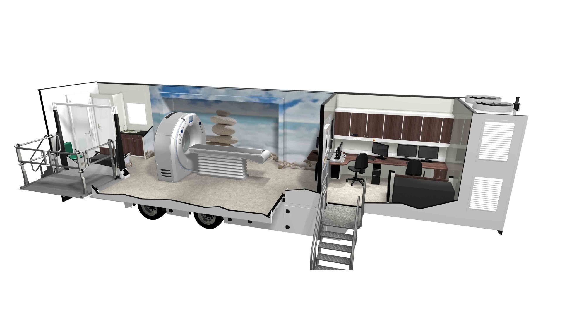 A modern trailer interior with a large wheel, seating area, stairs, and equipment displays