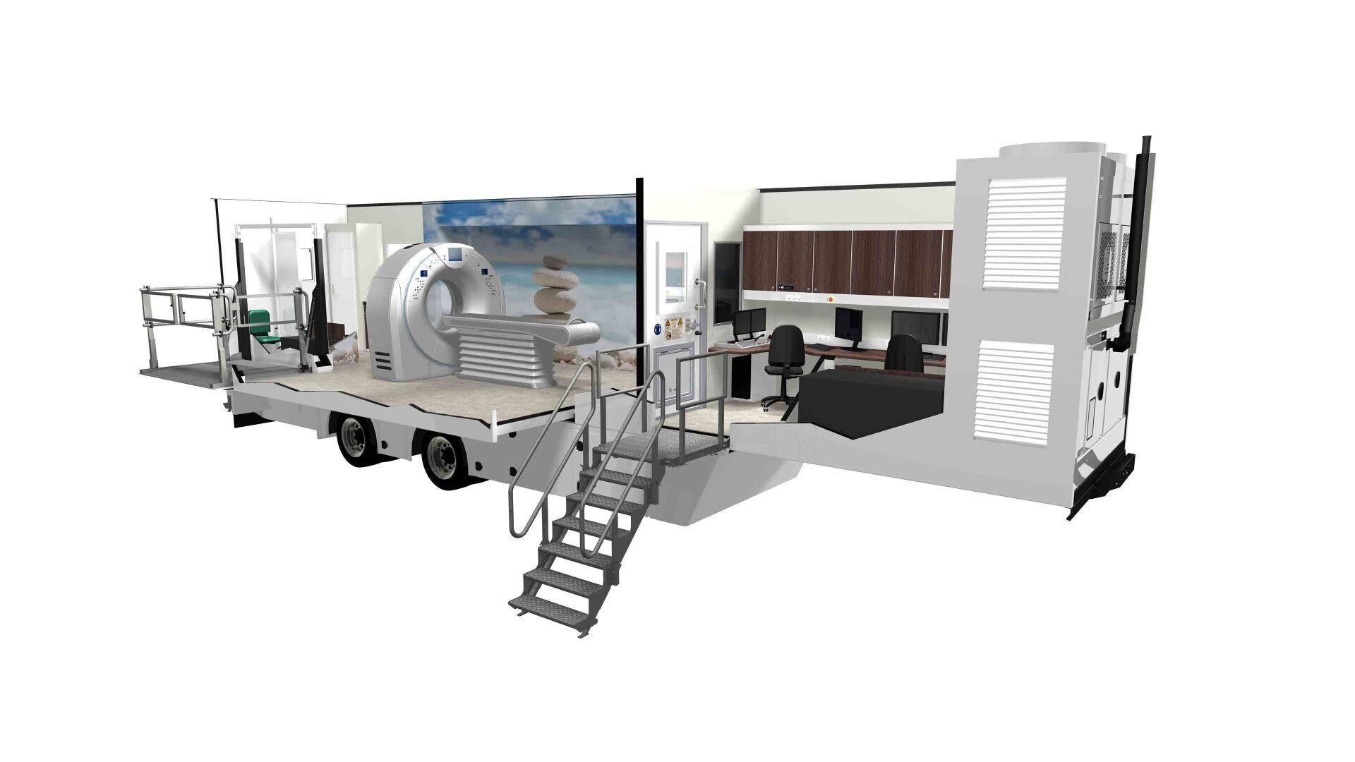 Mobile exhibition trailer with stairs, showing industrial machinery inside and an open side display area