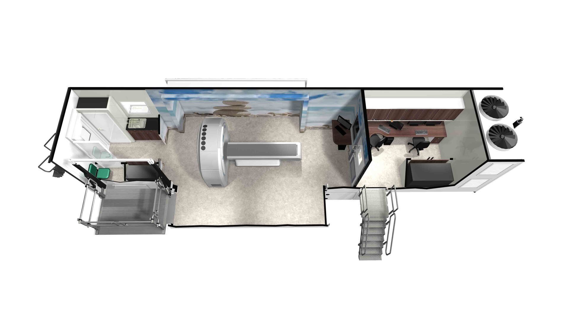 3D floor plan of a modern apartment with open living area, bedroom, kitchen, bathroom, and stairs