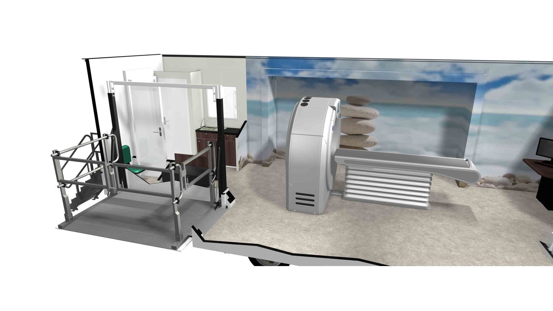 3D rendering of an industrial room with machinery, railings, and a conveyor line against a sky-painted wall