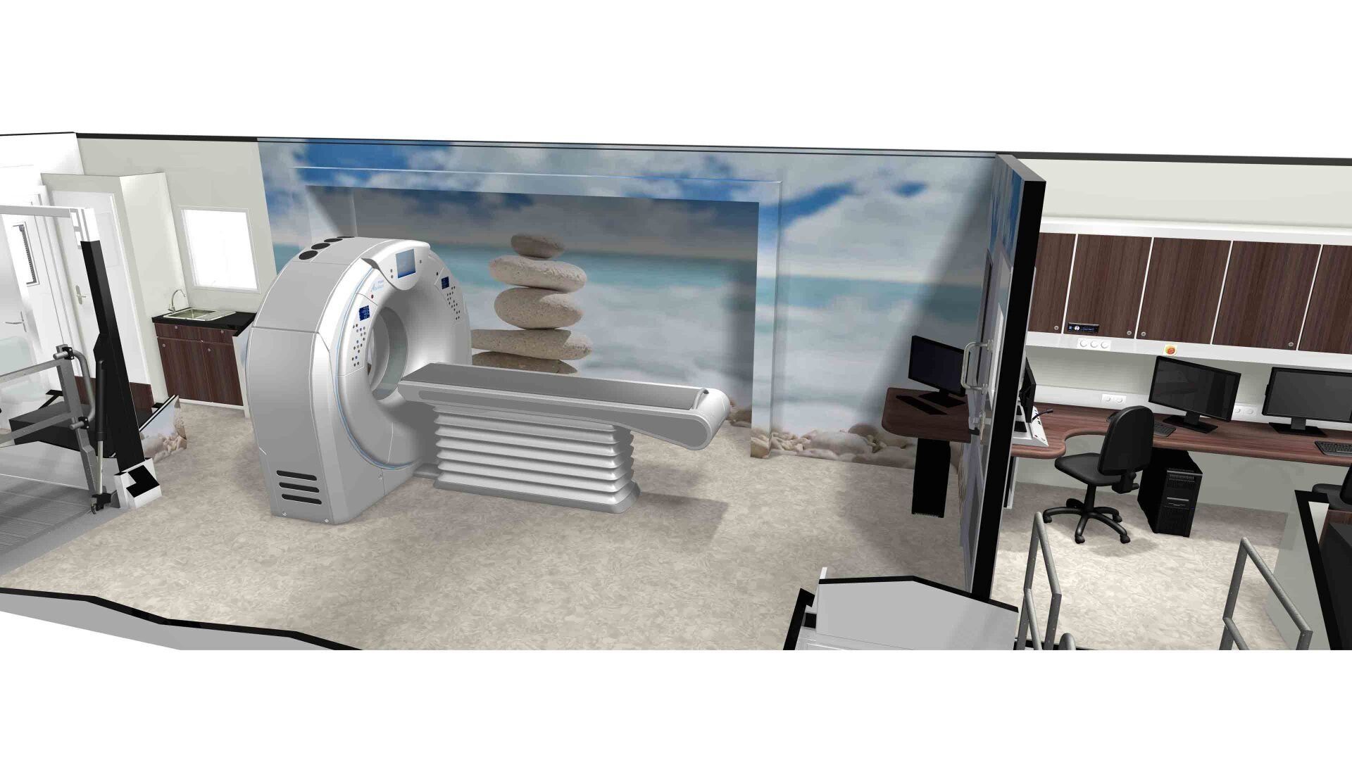 MRI scanner in a hospital room with a scenic mural and chairs along the wall