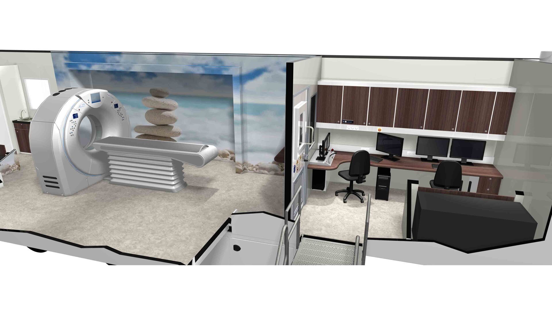 Modern office with desks and monitors beside a large industrial machine and a coastal mural
