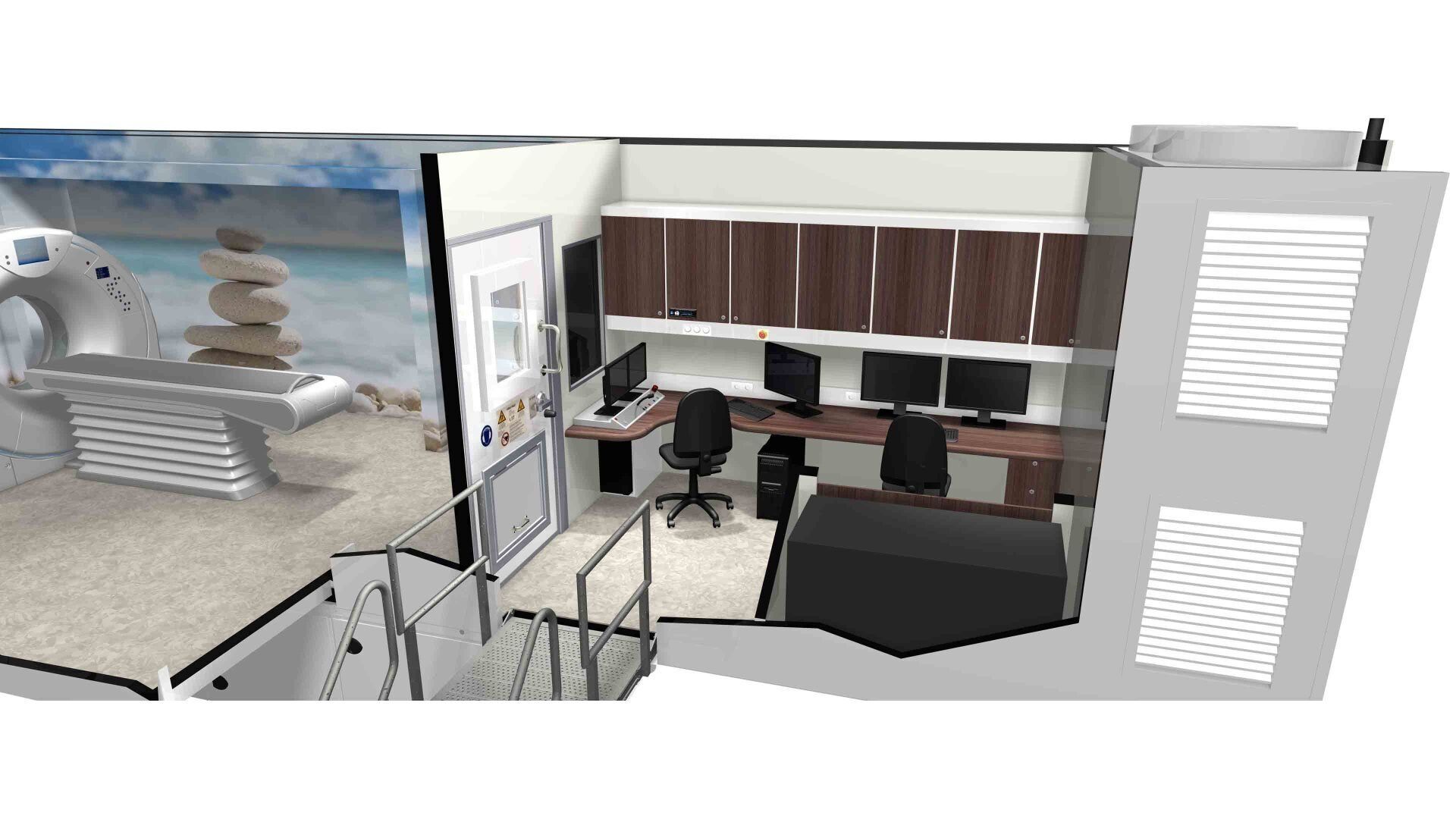 Modern office interior with desks, chairs, computers, and a wall display of a coastal view