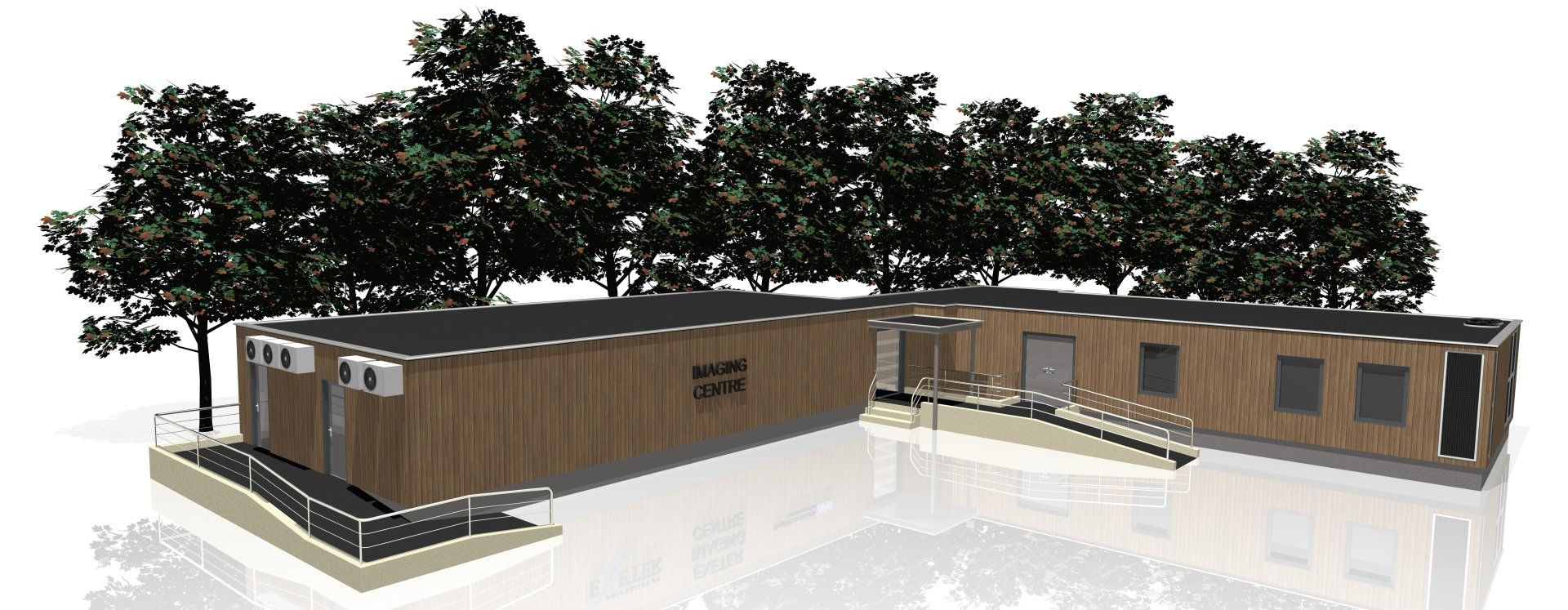3D rendering of a brown modular building with a courtyard, surrounded by trees