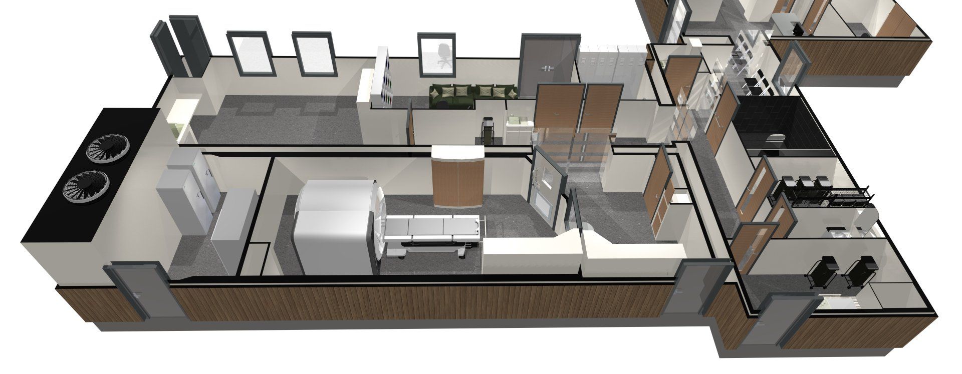 3D floor plan of a modern open-concept home interior with rooms, furniture, and kitchen appliances