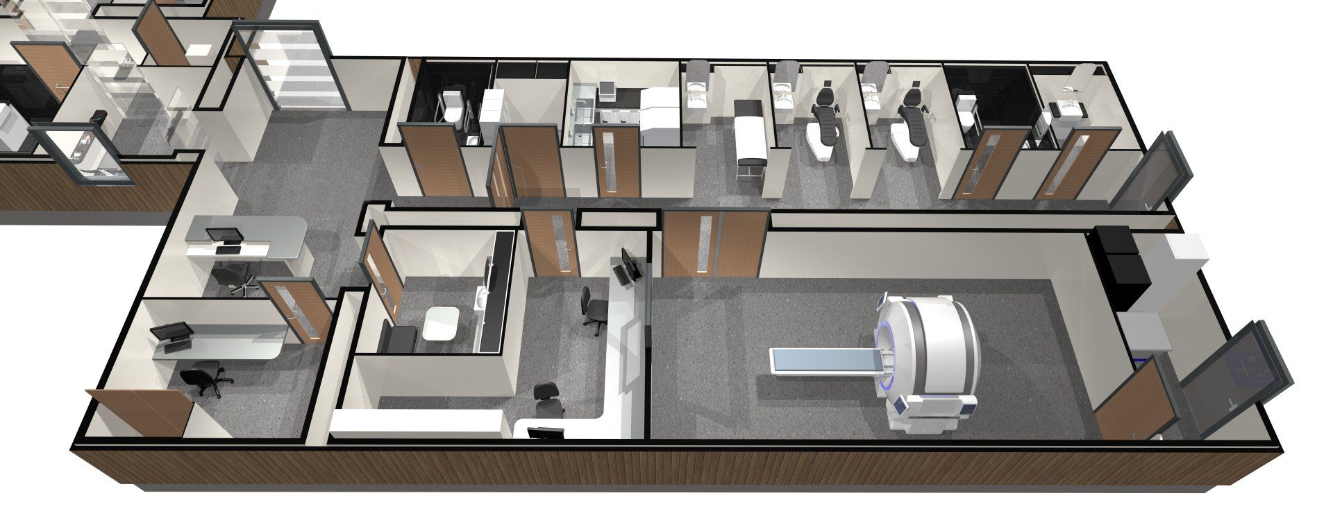 3D floor plan of a house interior with rooms, hallways, and furniture layout