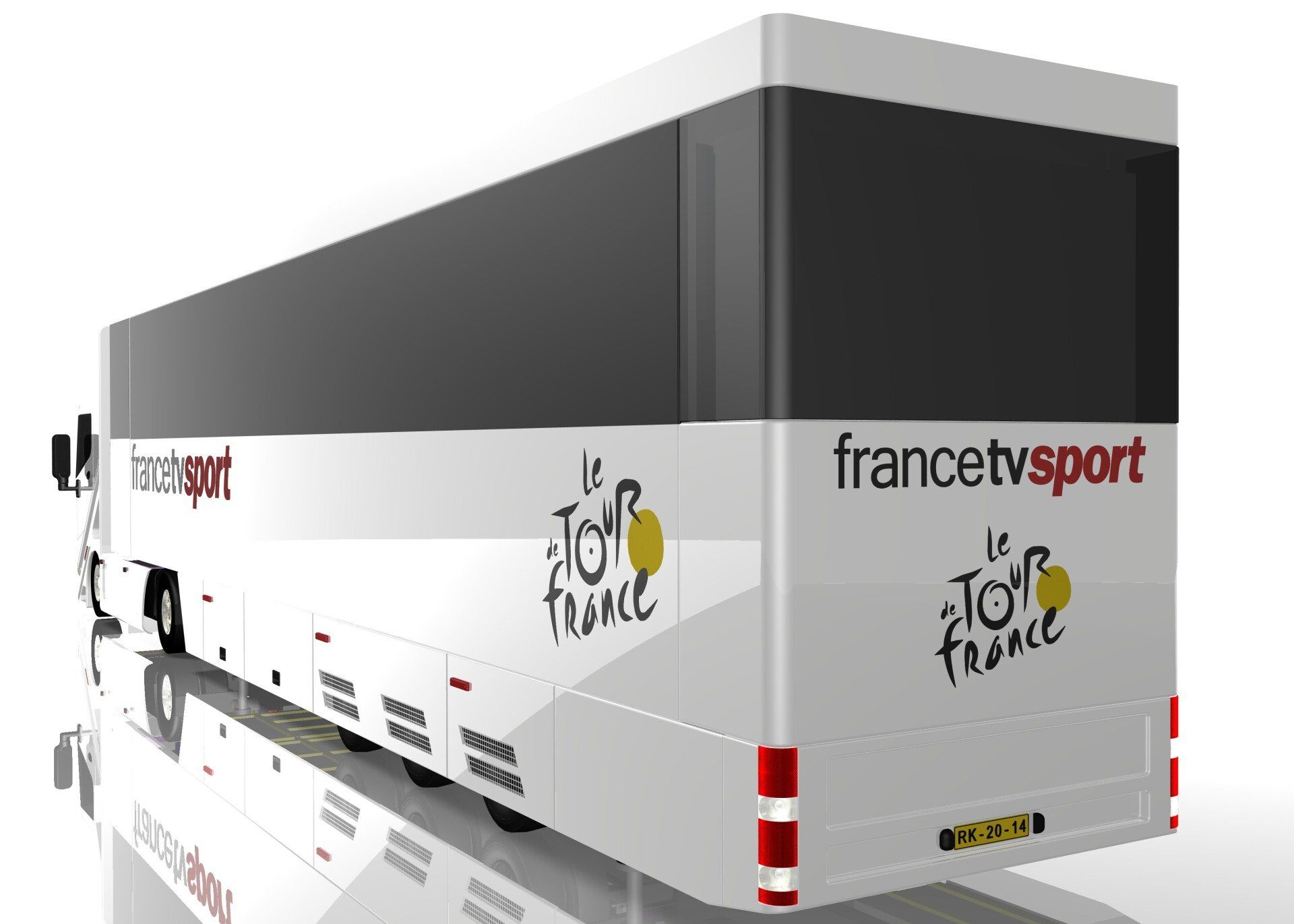 White and gray Francetvsport truck trailer with “Tour de France” branding, viewed from the rear side