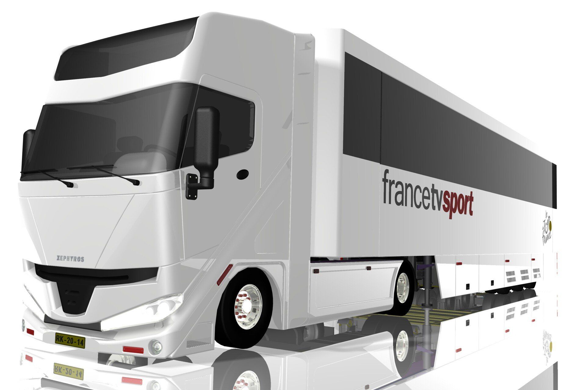 White Francet sport semi-truck with trailer in a studio setting