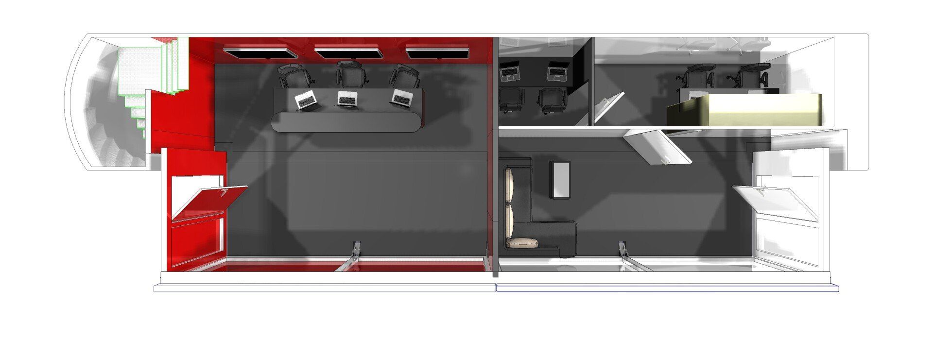 Cross-section of a red and gray industrial machine with internal components visible