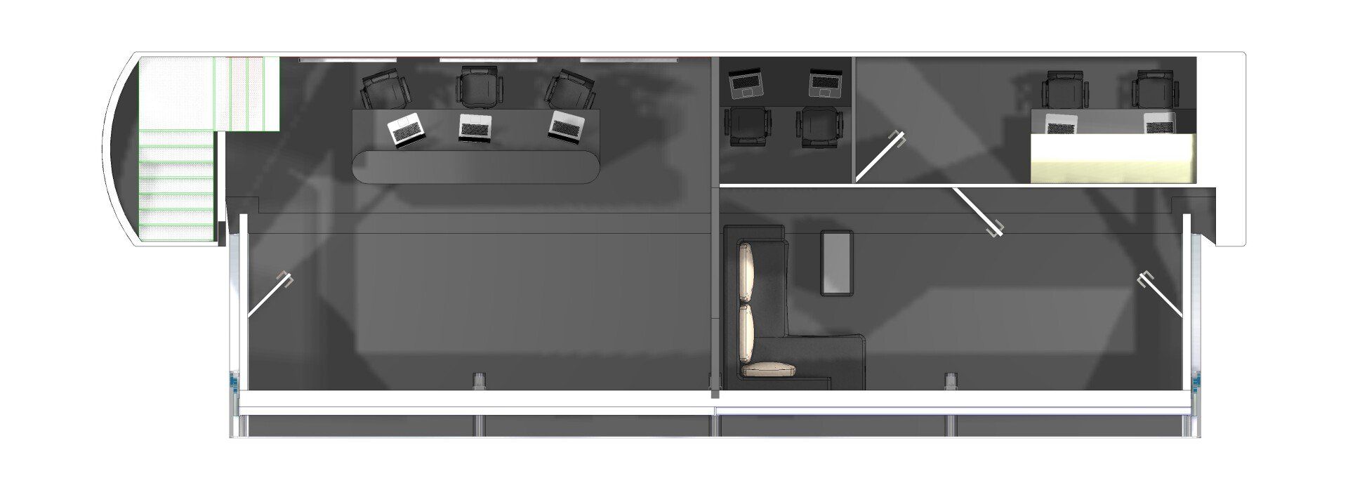 Top-down floor plan of a modern office interior with desks, chairs, and meeting areas
