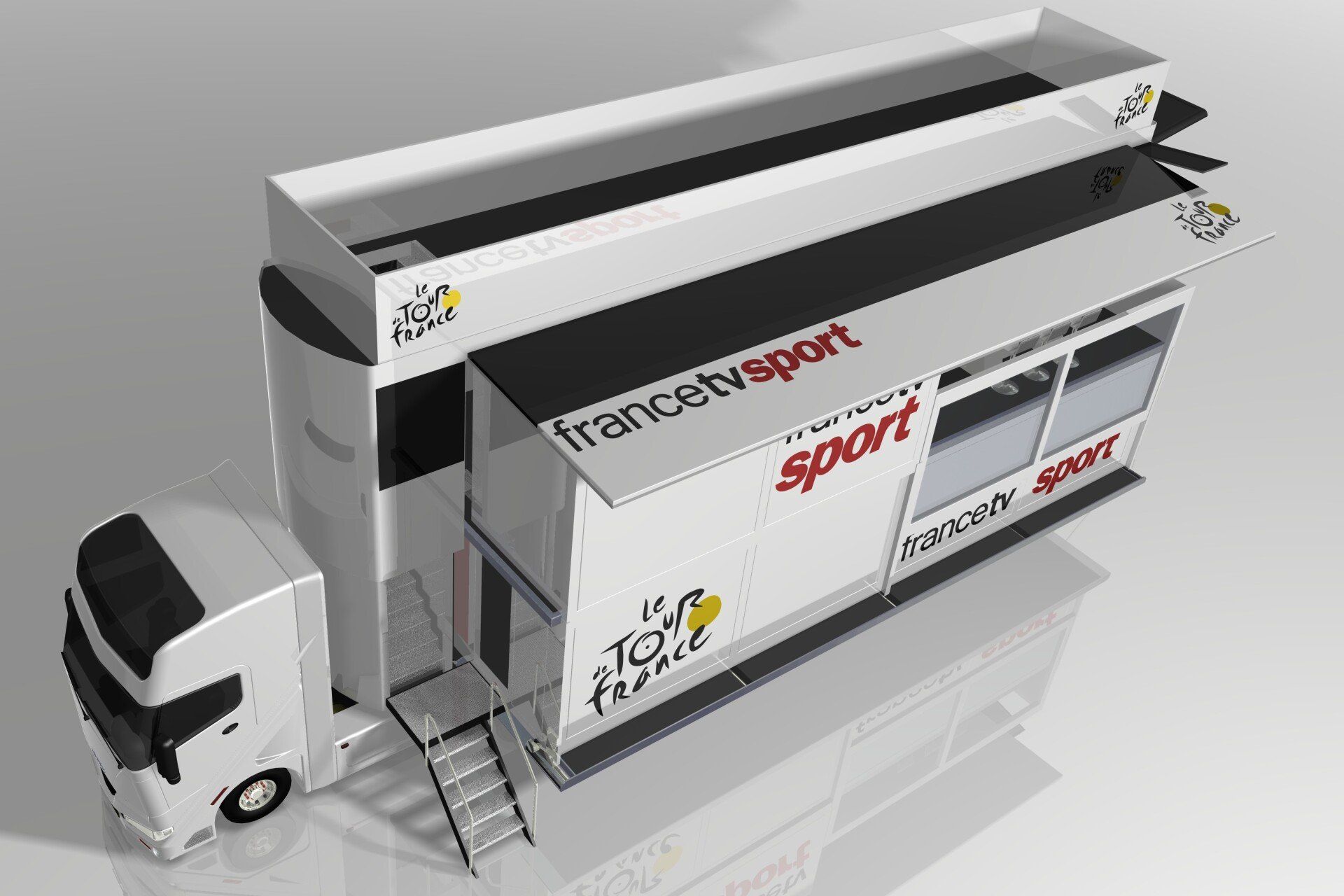 White Transdev Sport delivery truck beside a gray building with stairs and red “sport” signage