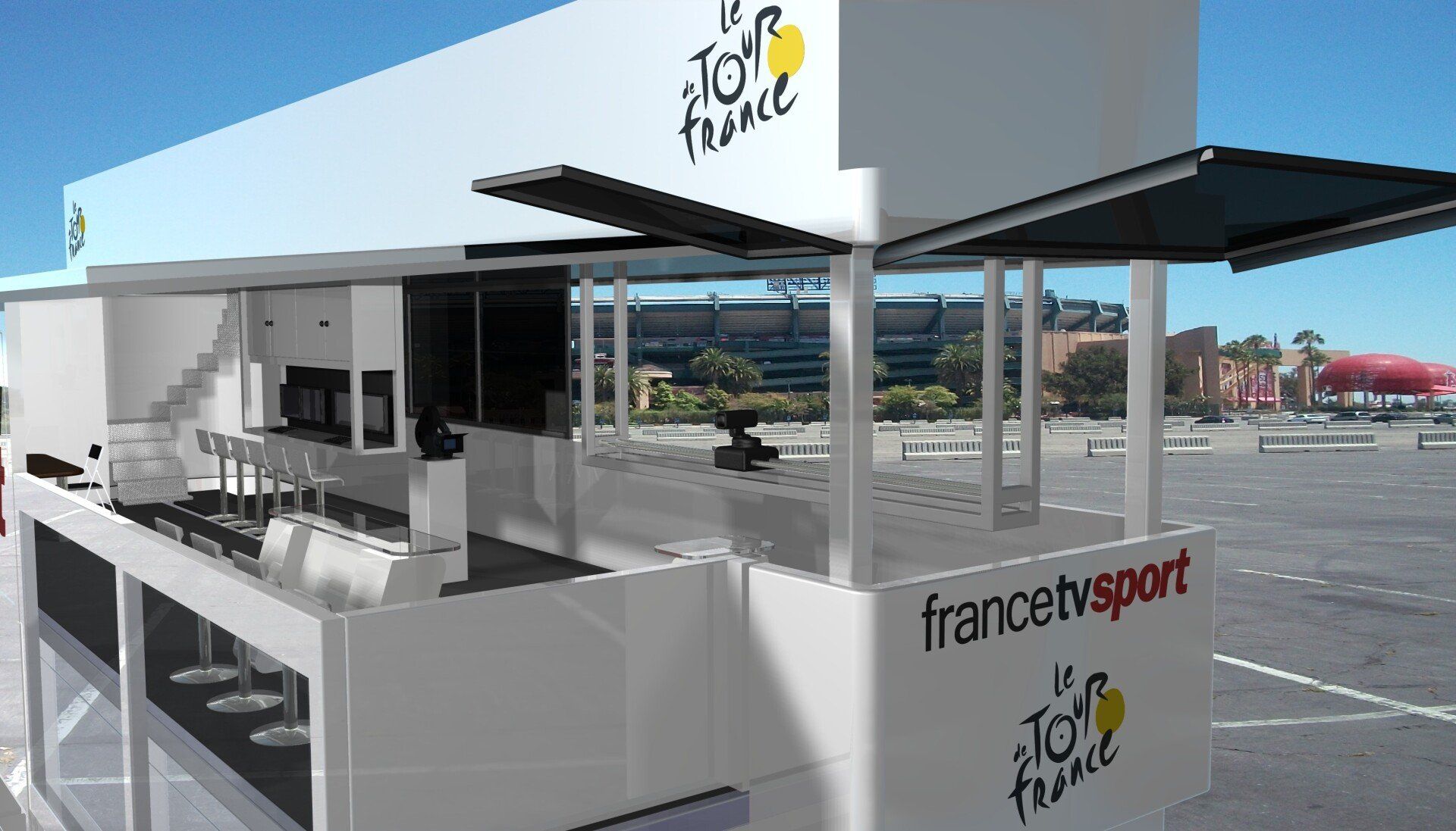 White Francetv Sport booth with open seating area and TV screens at an outdoor venue.