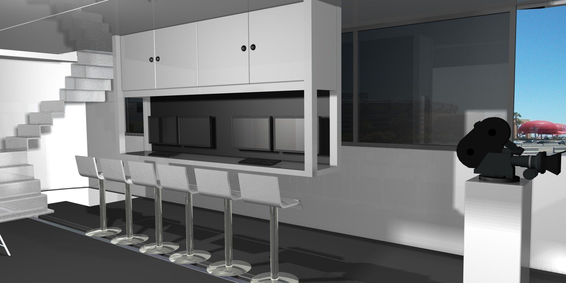Modern kitchen and lounge with bar stools, white cabinets, and a large window overlooking the sea.