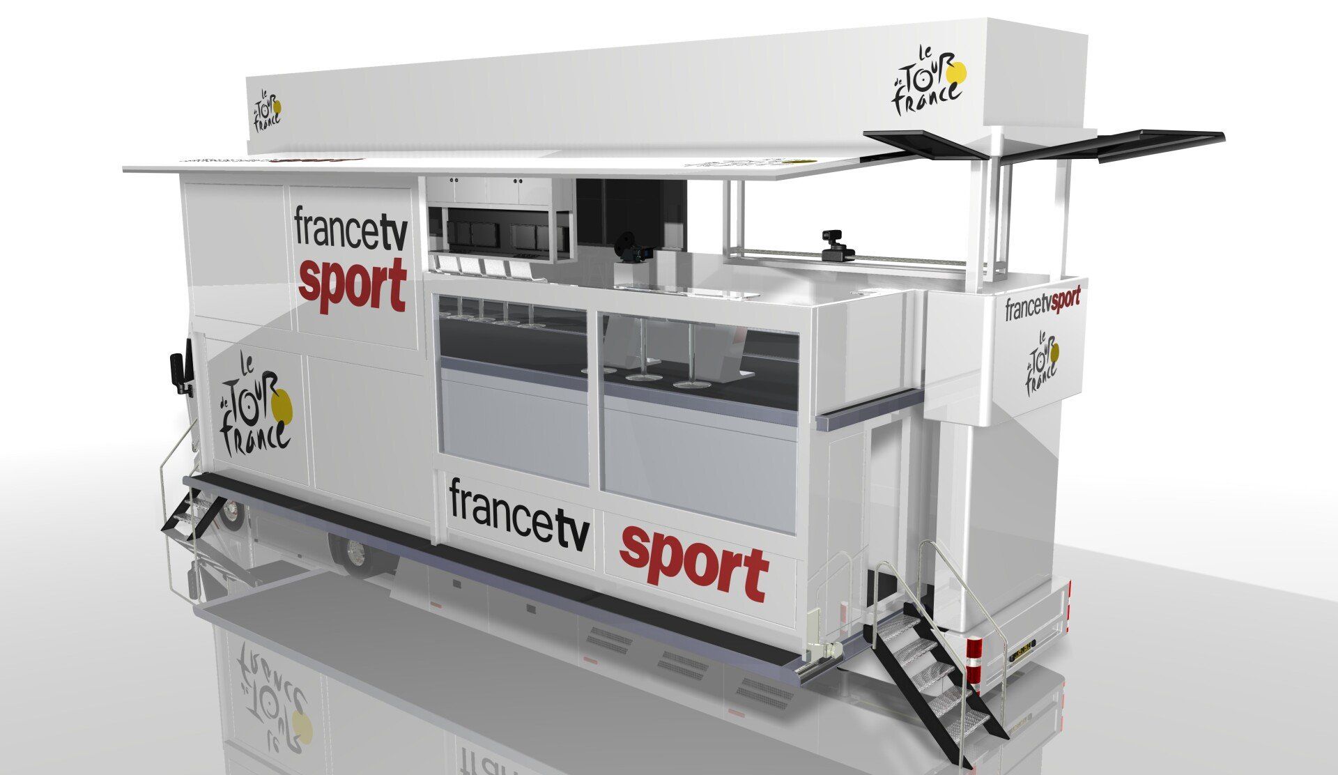 White mobile sports kiosk with red “francety sport” branding and canopy on a plain background