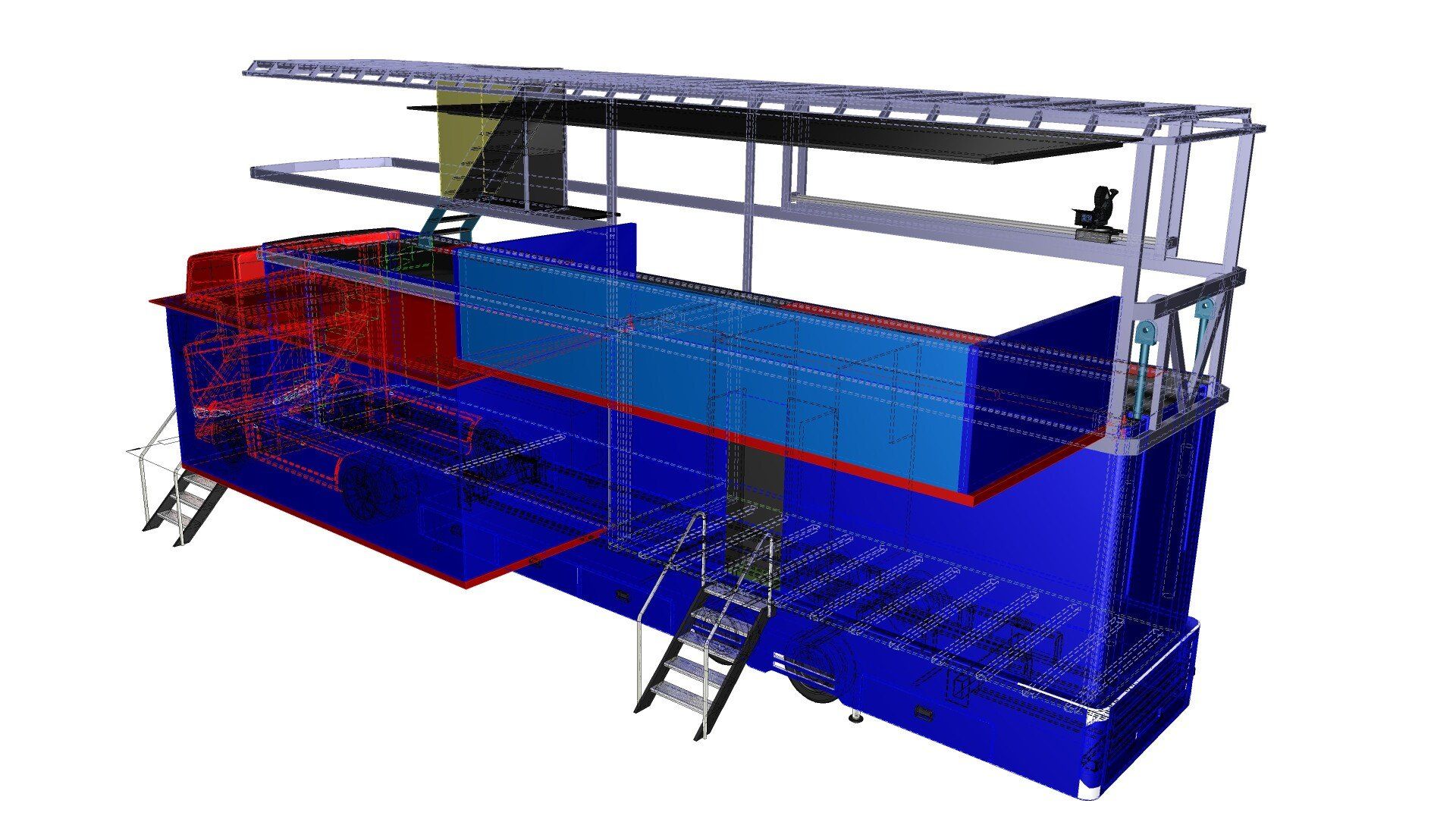 Color-coded 3D model of a modular industrial structure with stairs, railings, and roof framing
