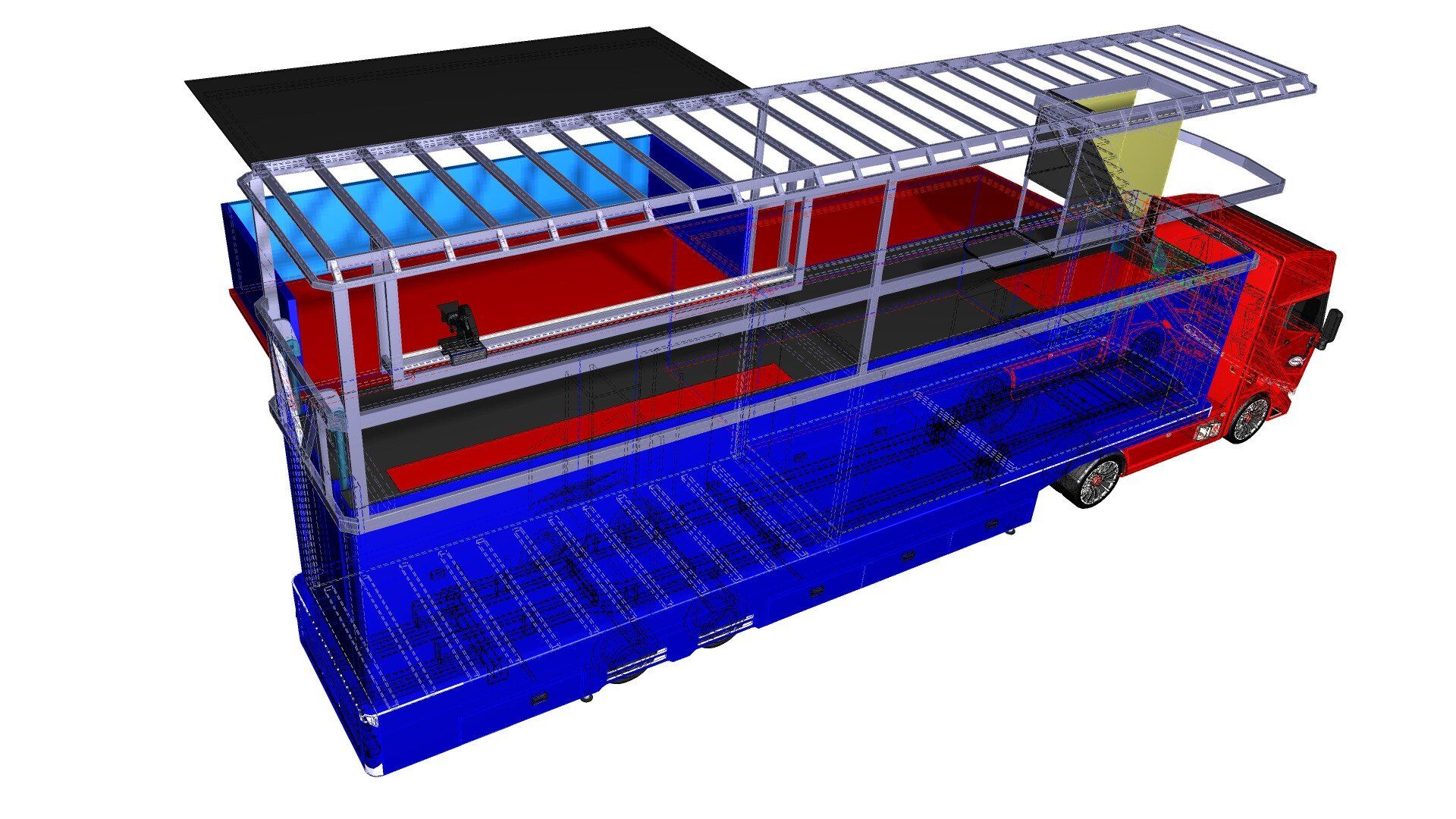 3D rendering of a blue and red open-air truck with a roof rack and side railings