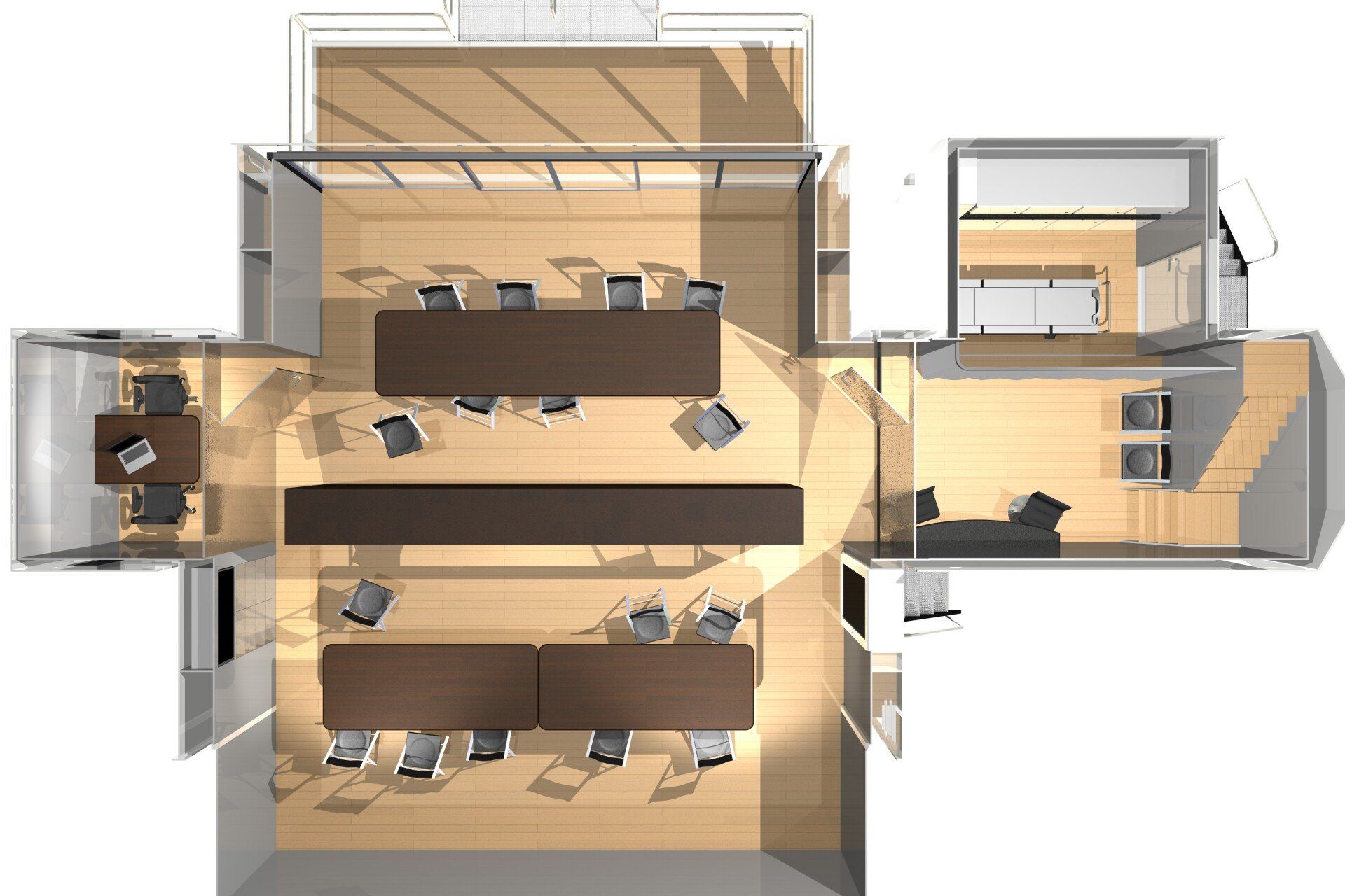 Top-down view of a modern office layout with conference tables, desks, chairs, and glass-walled rooms