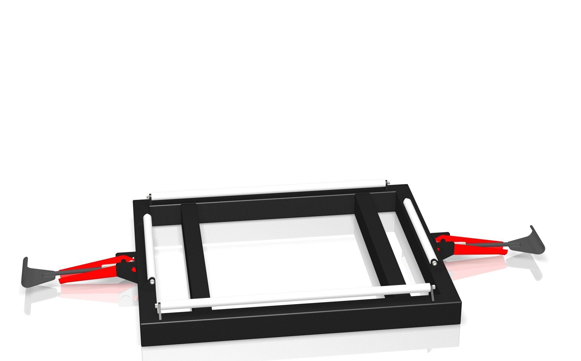 Black rectangular frame with red side handles on a white background