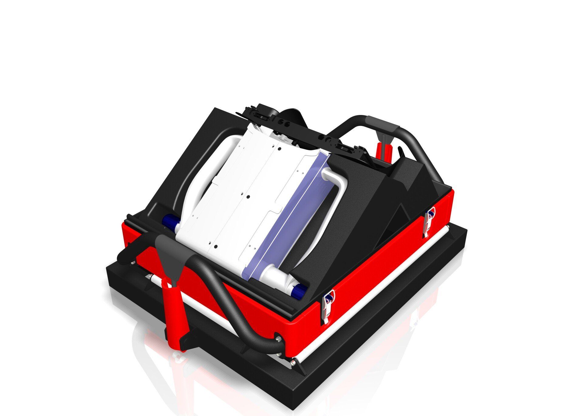 Red and black mechanical clamp holding white and purple components on a base platform