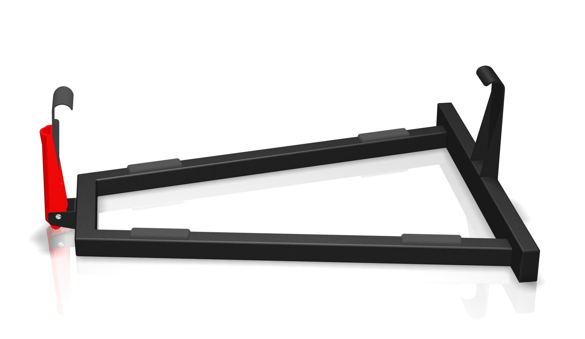 Black metal triangular bracket with a red handle and upright hooks on a white background