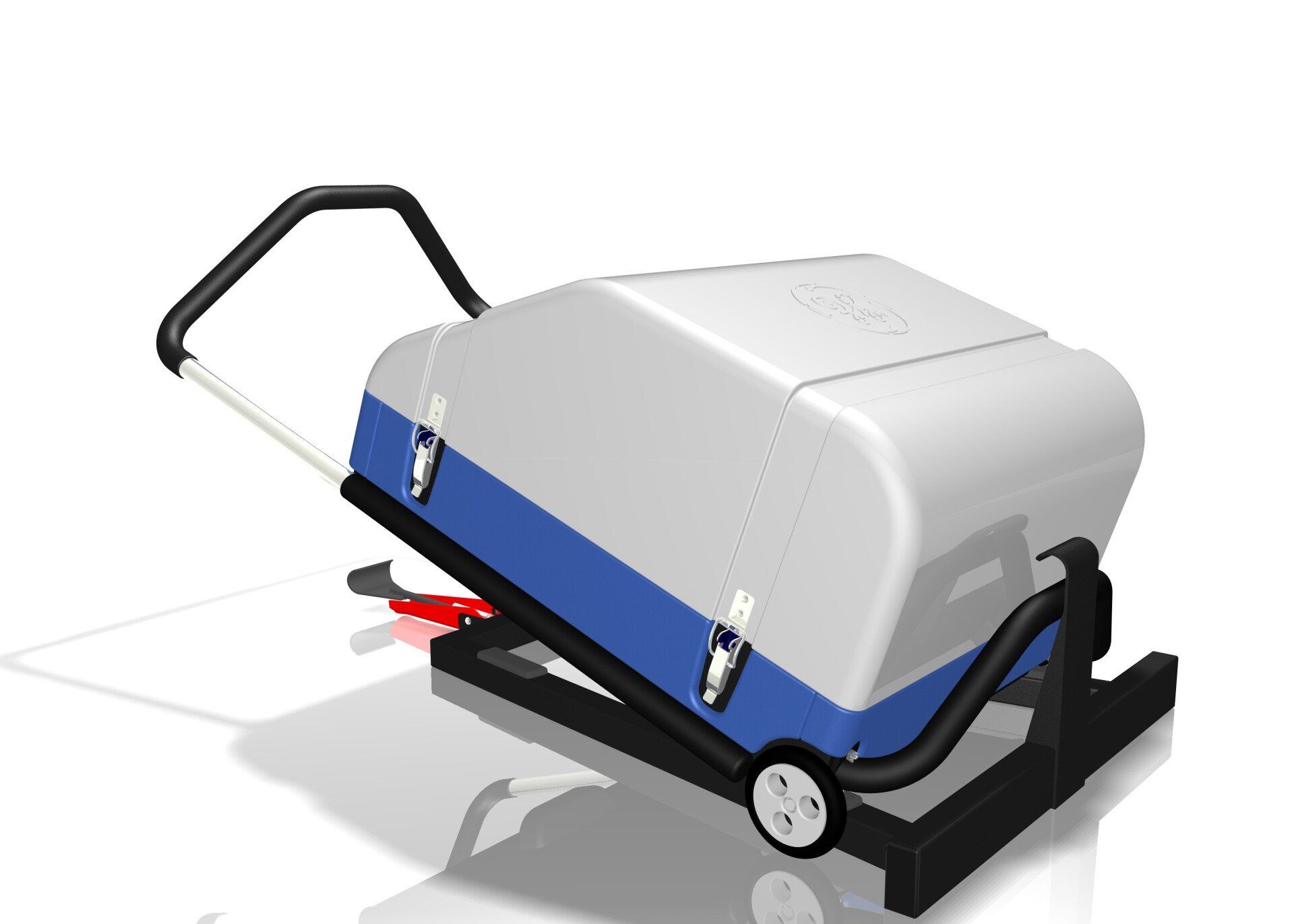 Blue and white floor cleaning machine with push handle and wheels, shown in side view