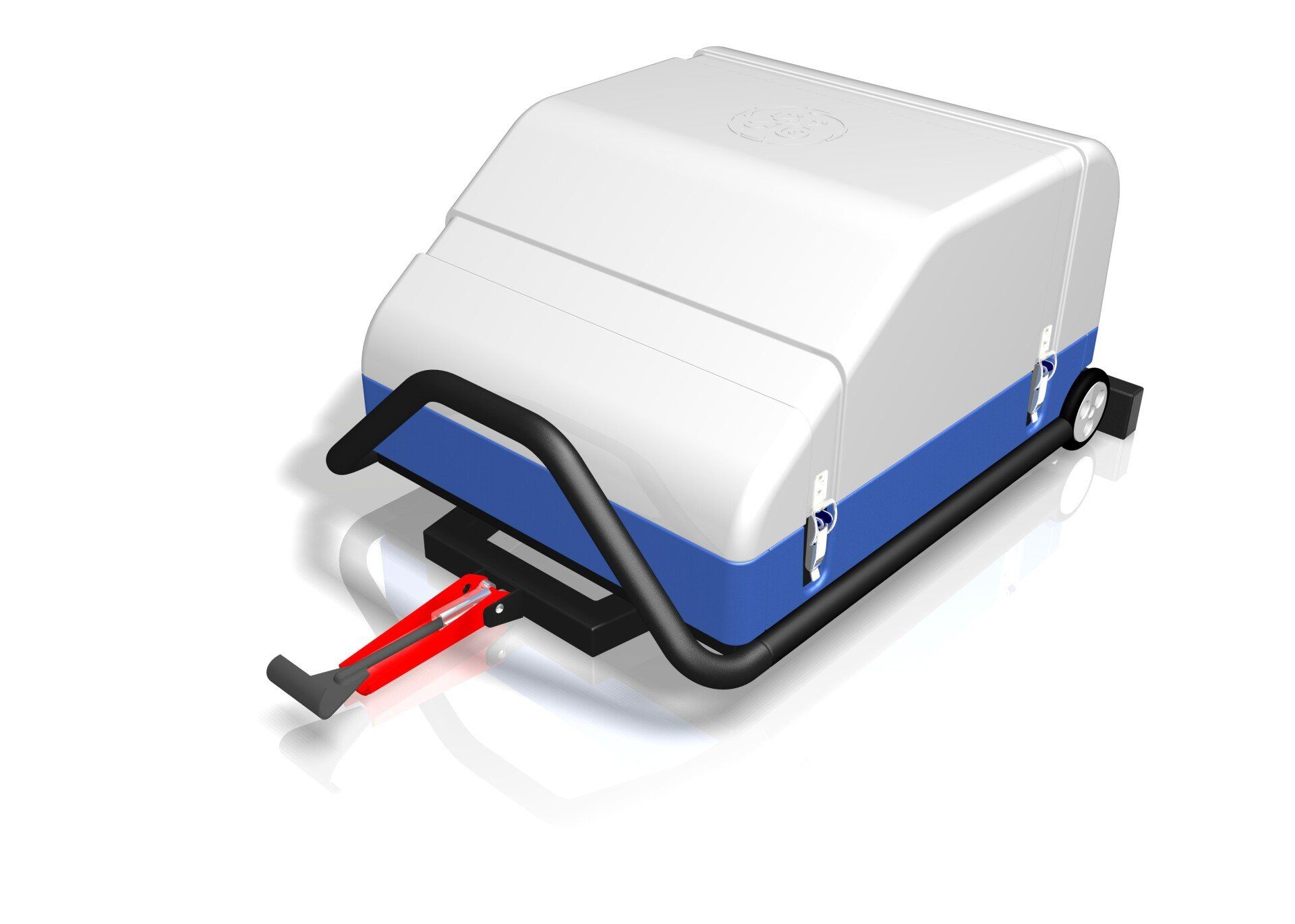 Blue and white cooler-style cart with black frame and red handle, on a white background