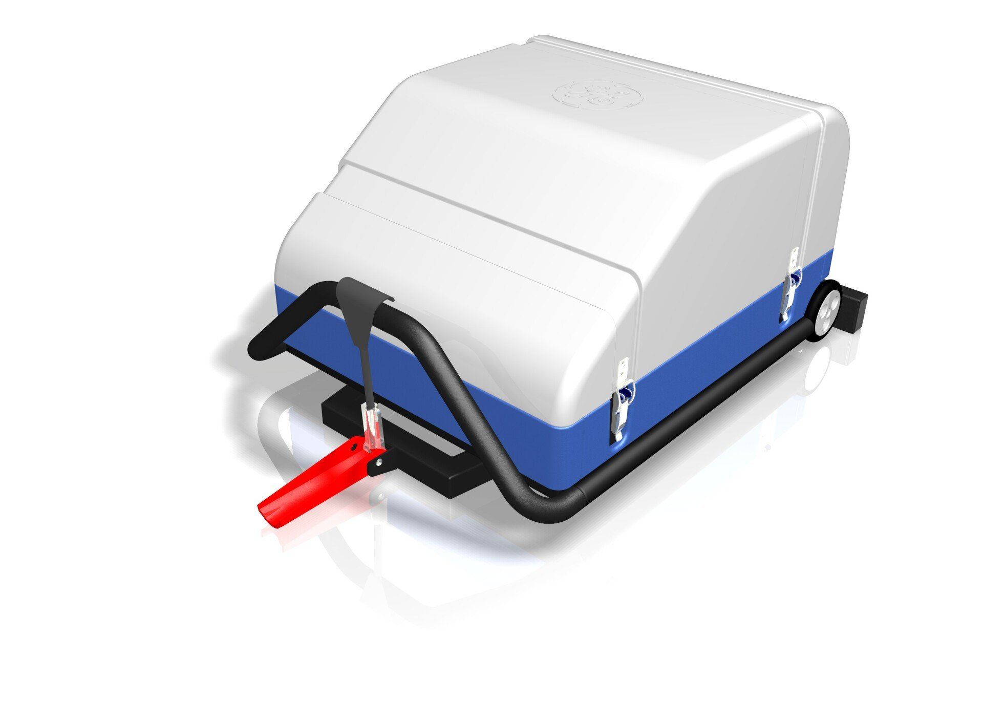 White-and-blue portable machine with black handle and red power plug on a white background