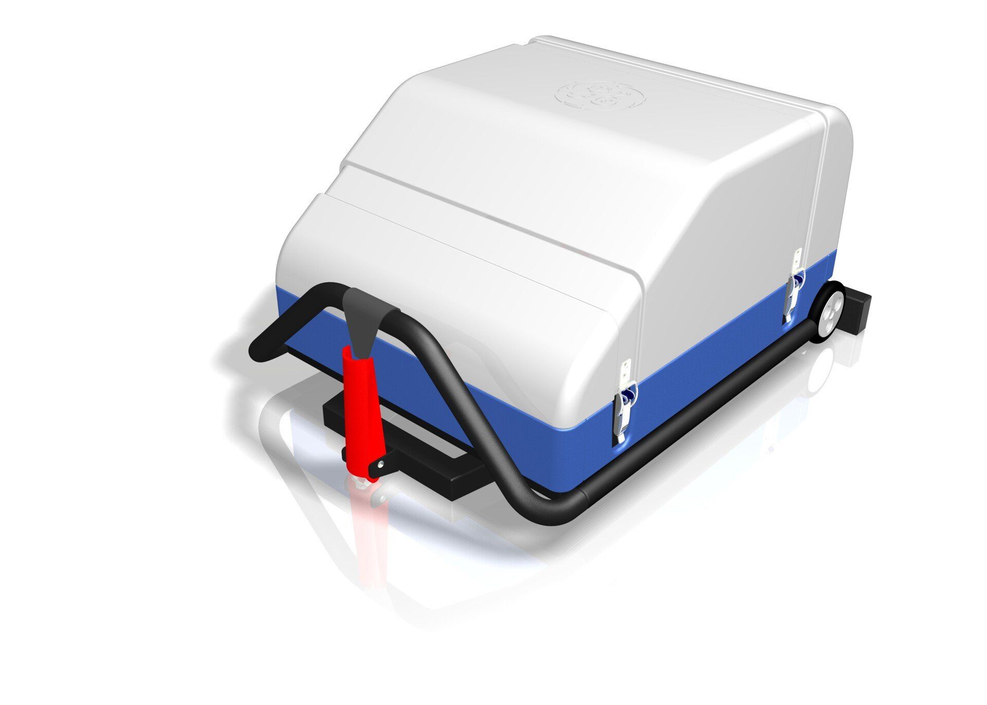 White and blue portable machine with black handle and red control lever on a white background