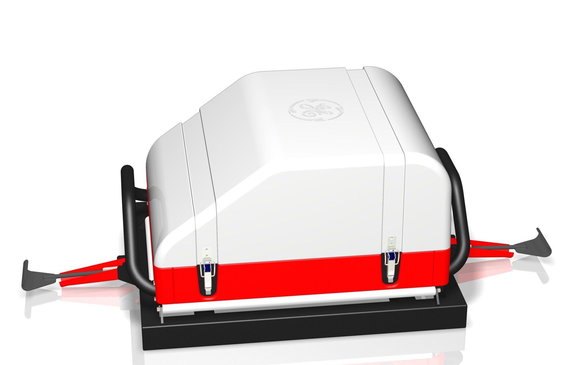 White roof cargo box with red base and black mounting brackets on a vehicle roof rack