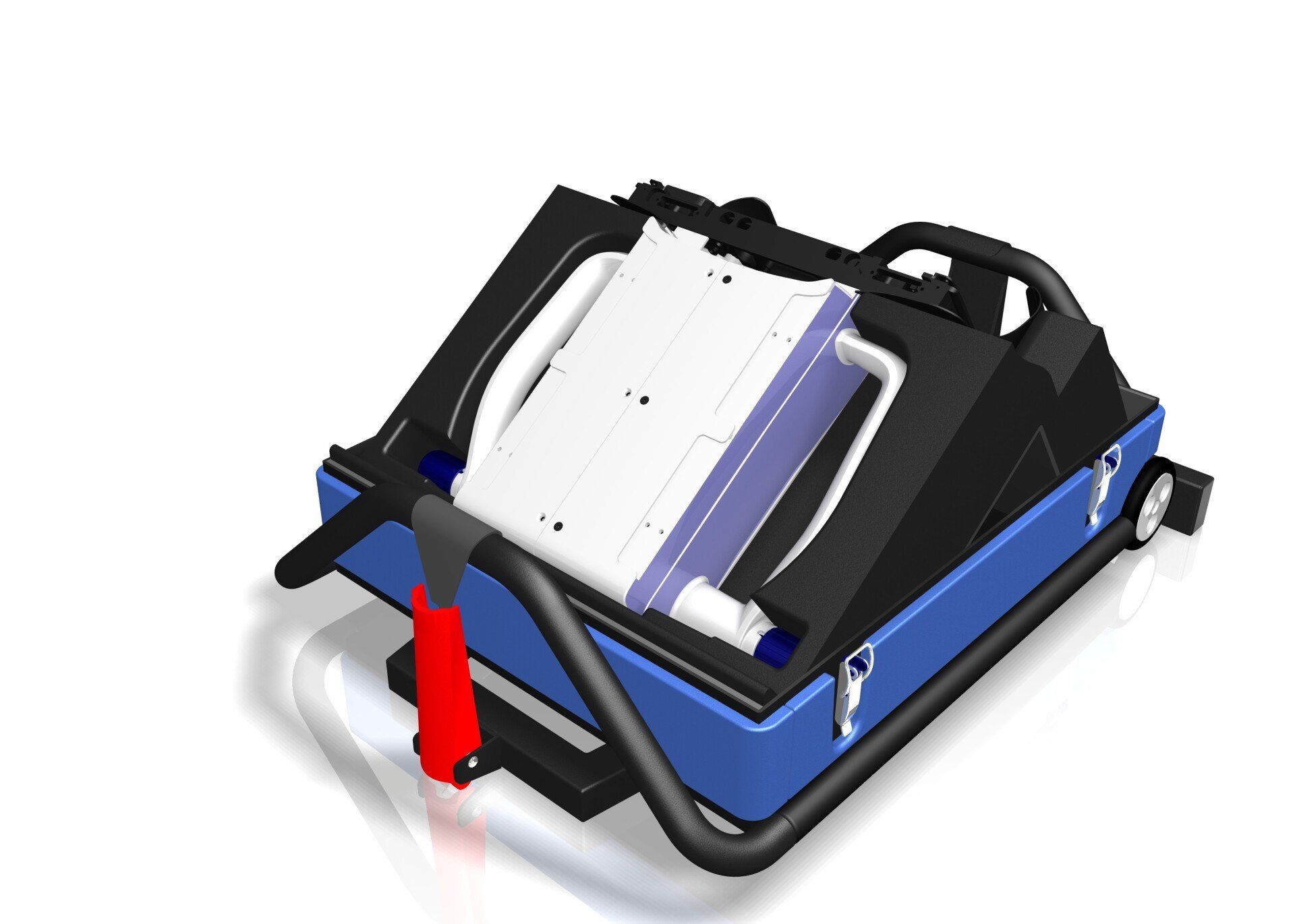 Portable blue-and-black machine with a white panel and red handle, shown on a white background