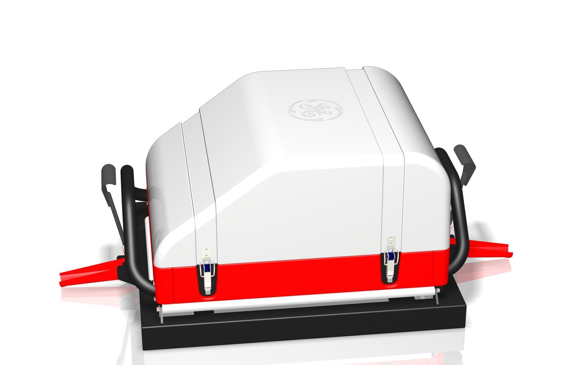 White hard-shell roof cargo box with red base and black mounting brackets on a rack