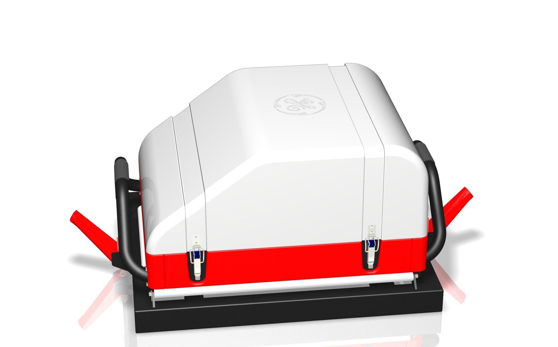 White soft cooler bag strapped to a black roof rack with red straps, front view