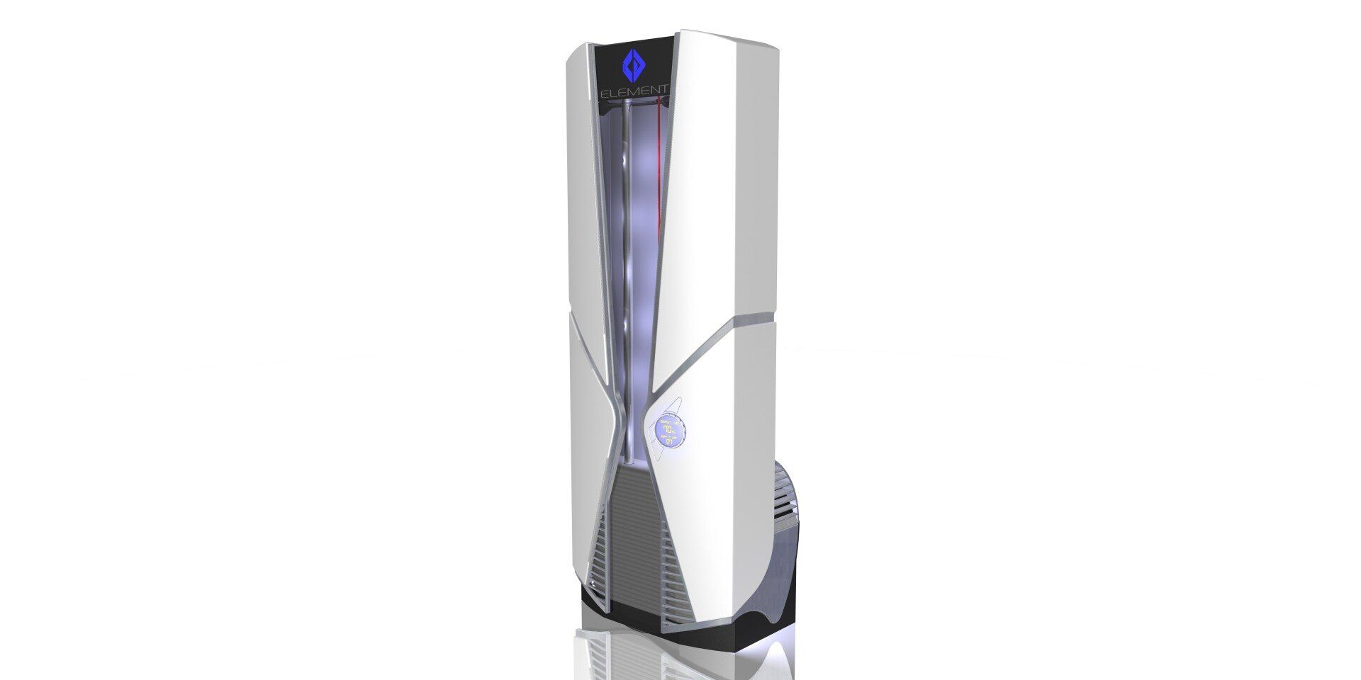 Tall silver tower fan with blue-lit front panel on a white background