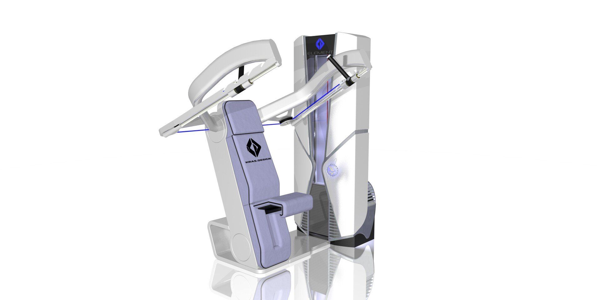 Silver and purple gym exercise machine with dual handles and foot platform on a white background