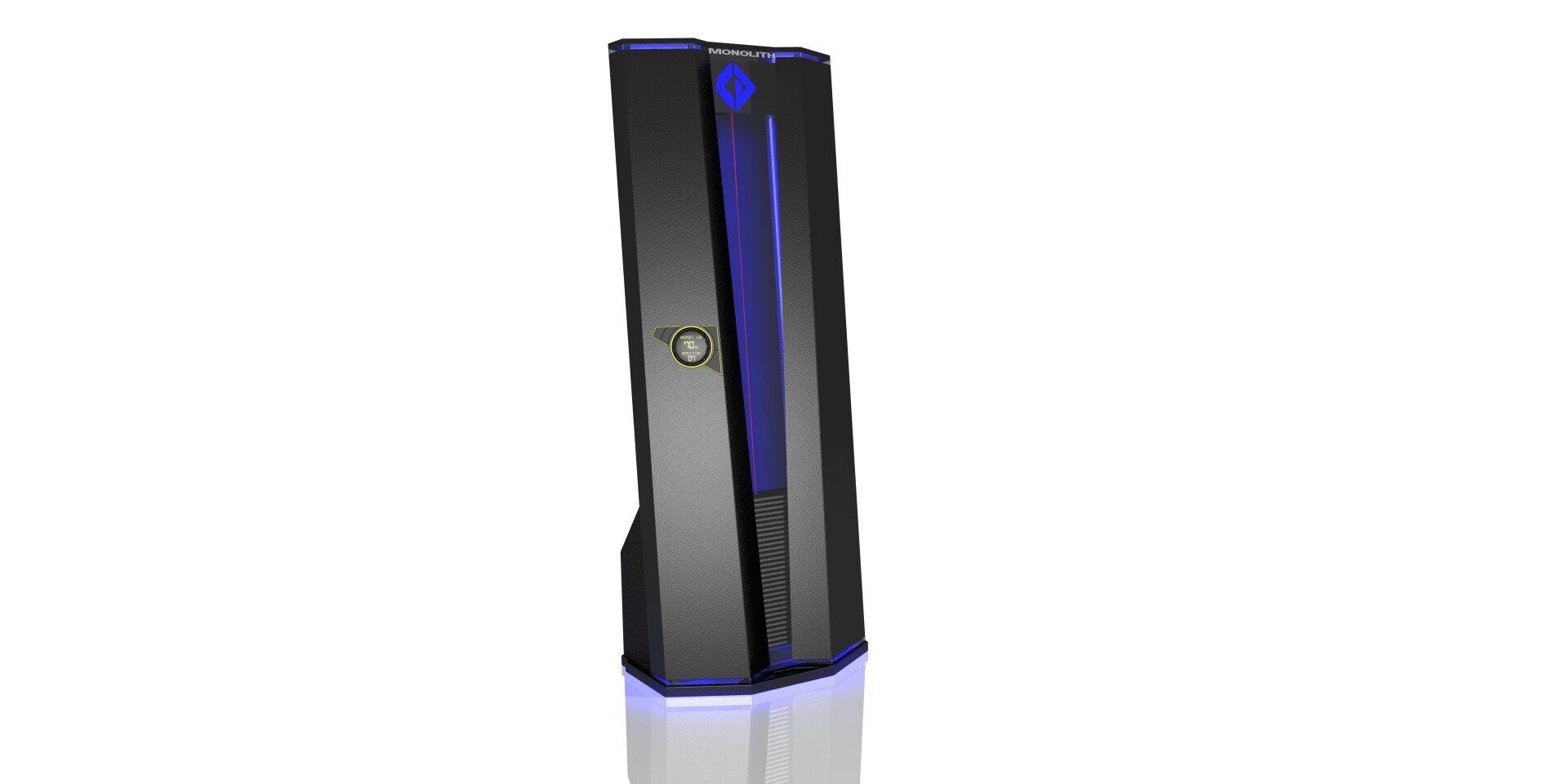 Black and blue PlayStation 5 console standing upright on a white background