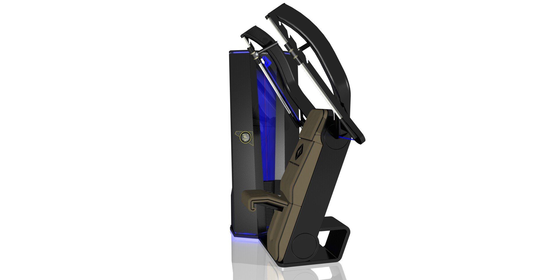 Black-and-blue gaming chair in side view with a high back and padded armrests