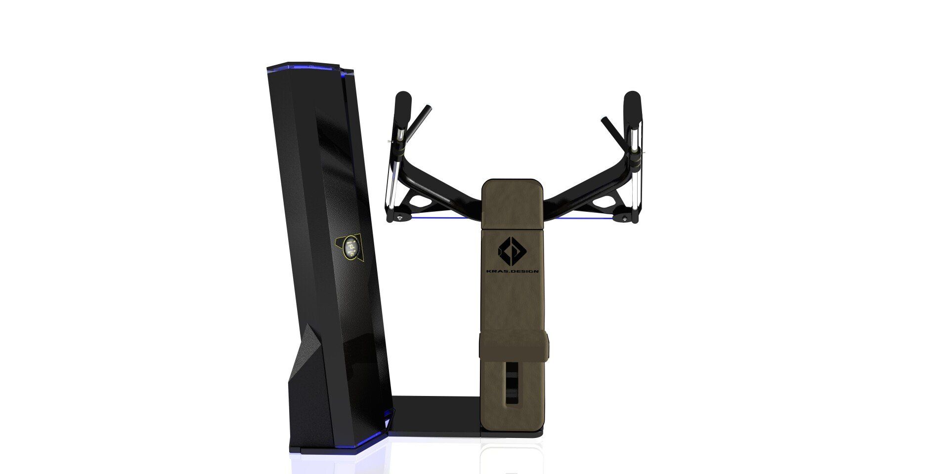 Exercise machine with black frame and tan center column, shown front view on white background