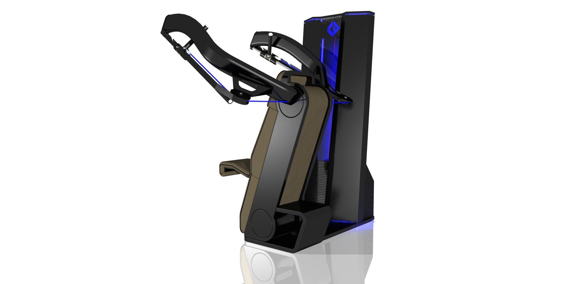 Modern black and blue fitness machine with handlebars and a foot platform on a white background