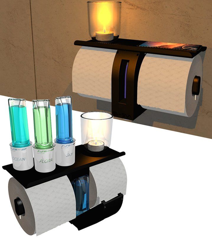 Wall-mounted beverage dispenser with lit top shelf and a black counter holding four colorful bottles and a cup