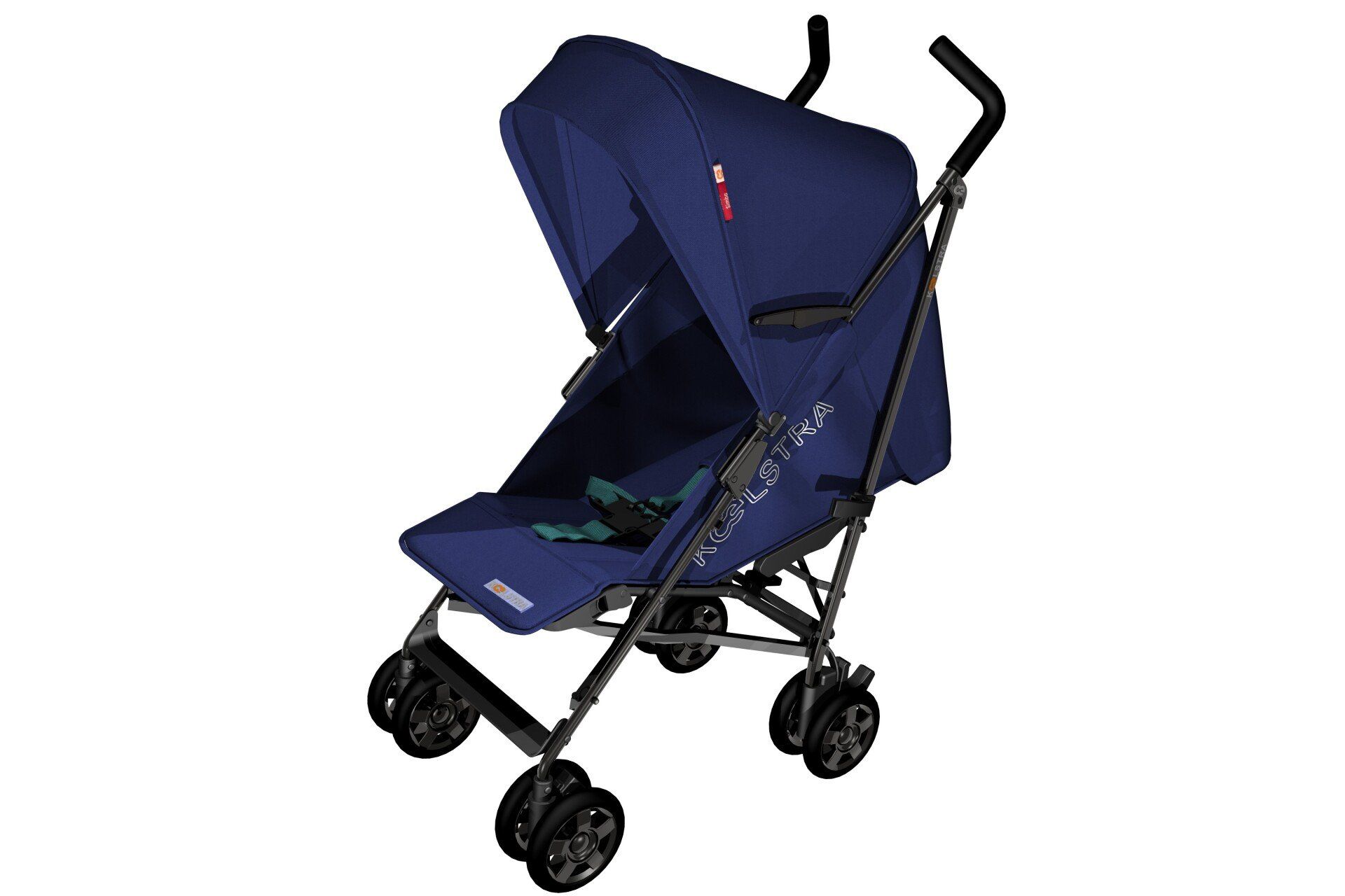 Blue stroller with canopy and four wheels, shown in side view on a white background