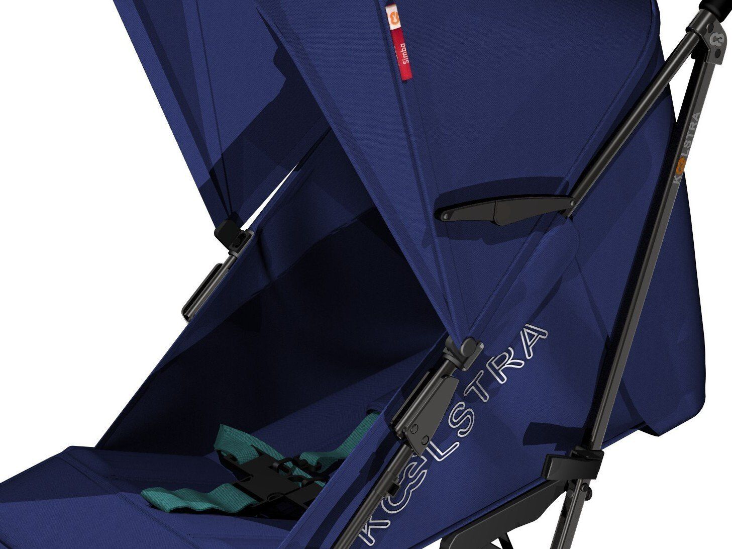 Blue stroller canopy and seat shown in a side view.