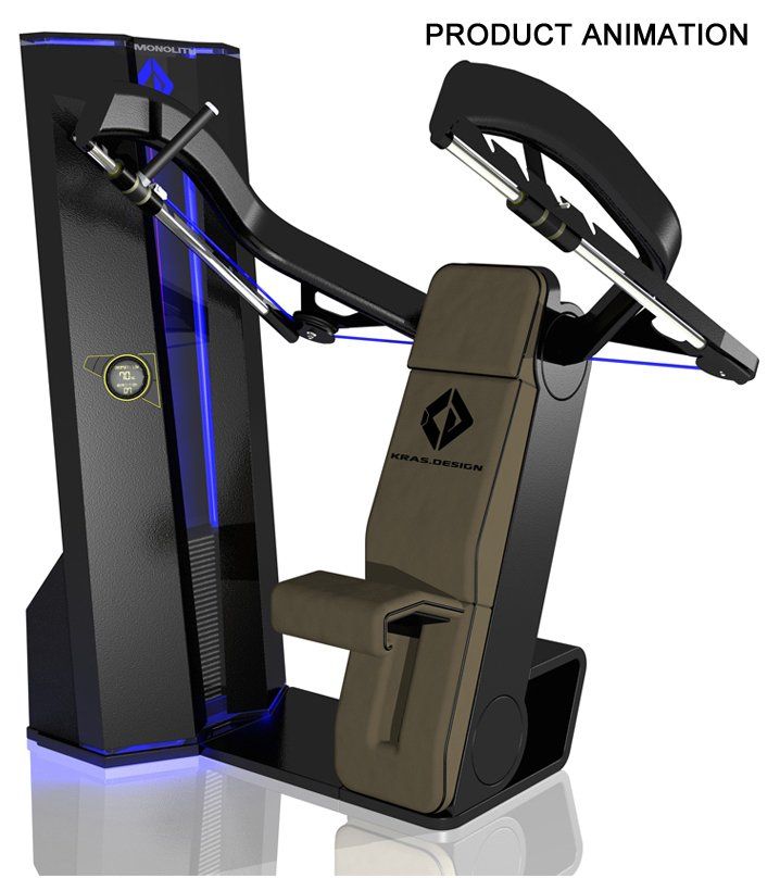 Futuristic workout machine with black and blue lights, tan seat, and exercise handles on a white background
